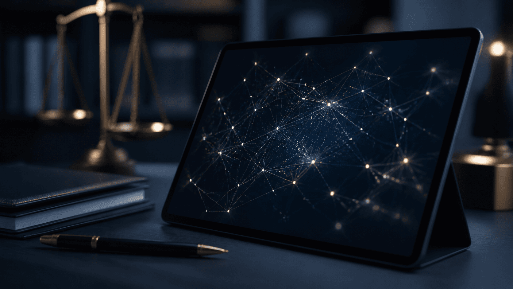 Tablet ekranında güvenli dijital ağı temsil eden soyut bağlantılar