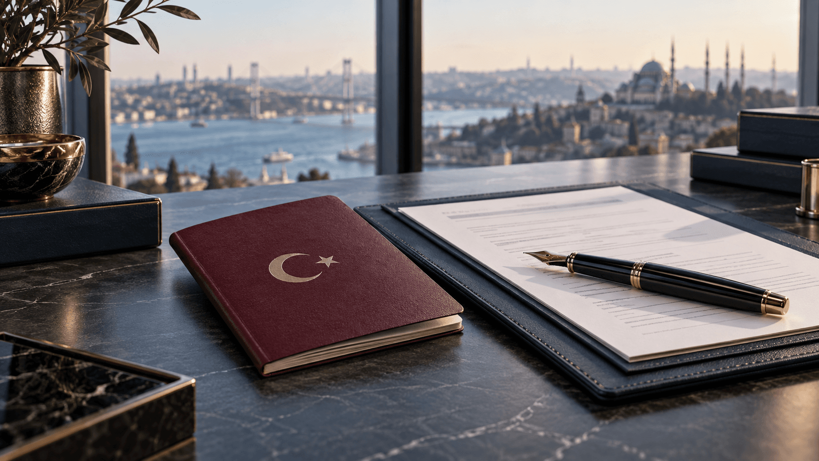 İstanbul manzaralı hukuk ofisinde Türk vatandaşlığı başvuru dosyası ve bordo pasaport